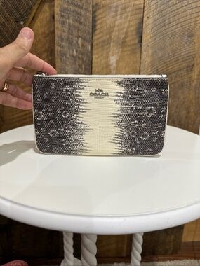 Coach Leather Zipper Wristlet In Lizard Print Black/Ivory 8” X 5”